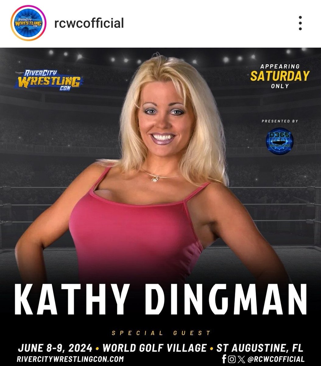 As reported on @rcwcofficial Our 1st guest for Saturday only, is former WWF, WCW, TNA Star @kathydingman fka BB, Barbra Bush, Taylor Vaughn, etc. Come see BB Saturday, June 8th!!