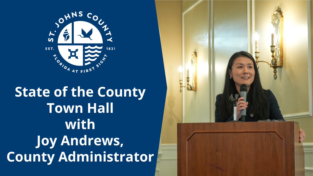 Joy Andrews, County Administrator, has been invited to present a ‘State of the County’ with groups around St. Johns County!

📆 TOMORROW: Monday, May 20, 2024, 6:00 p.m.
Beacon Lake Club House
850 Beacon Lake Parkway, St. Augustine, FL 32095

🌐 bit.ly/4bn8Y2B #MYSJCFL