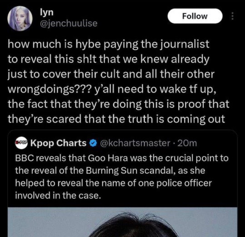 We were right when we said y’all treat lesserafim, bts and illit worse than actual criminals. We’re talking of sex trafficking, rape and abuse here and you’re bringing up hybe?