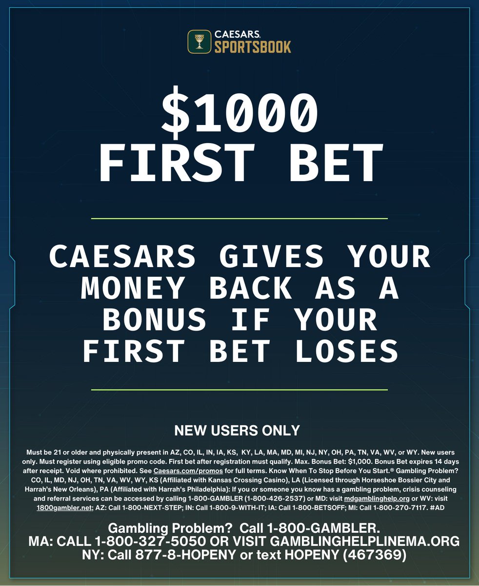 If you’re betting on either of the Game 7’s today, you’ll want a Caesar’s account.

Grab their $1,000 new user bonus automatically through the link below. 

💸 ➡️  Join here: bit.ly/1000CZR

You will either win, or get your wager back as a bonus.

21+, gamble