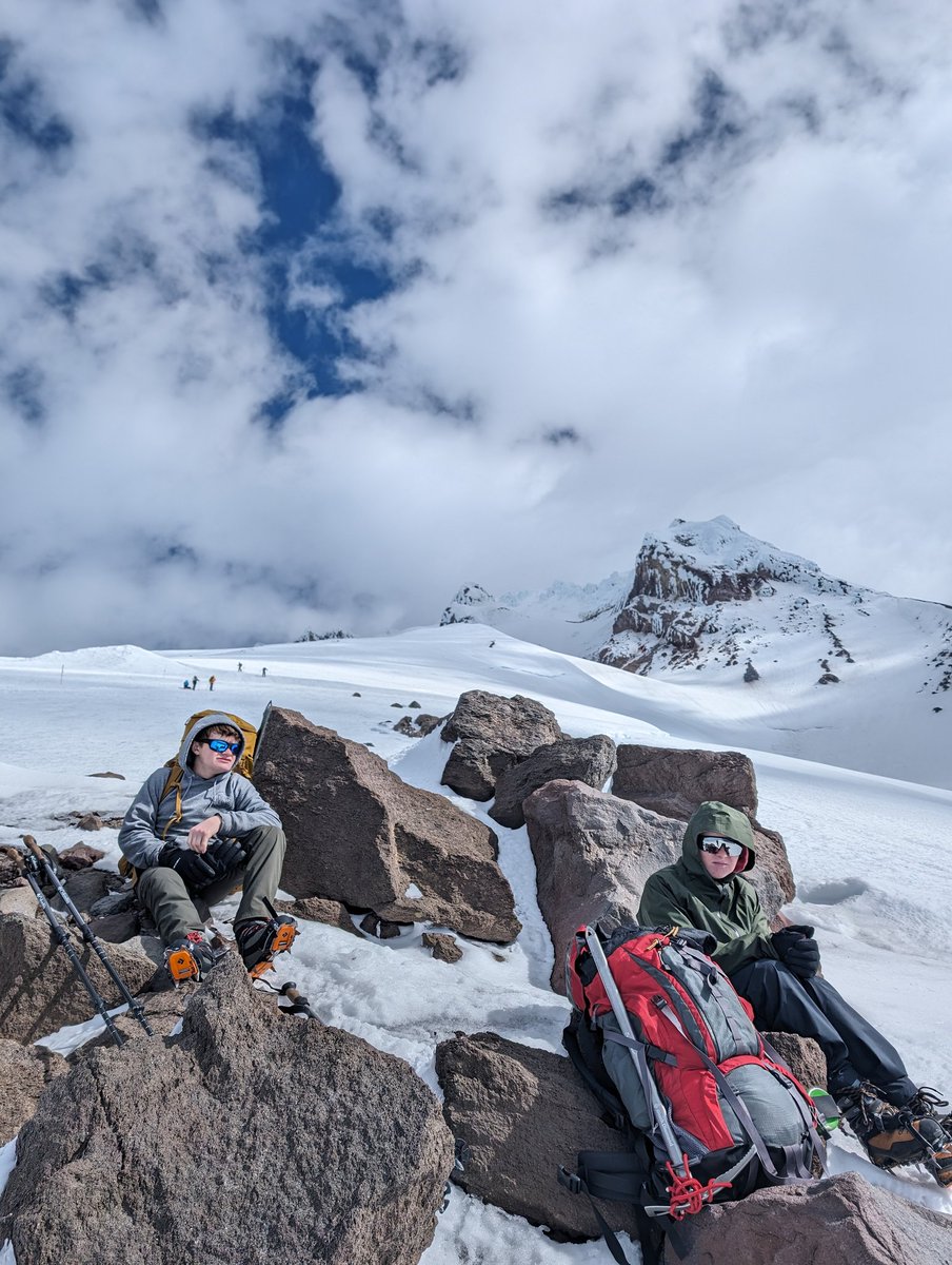 It was mostly sunny, but winds were 40-50 mph driving the wind chill down to 9F, on our training climb to the top of Palmer Glacier on Mount Hood Oregon with the #TrailLife boys.