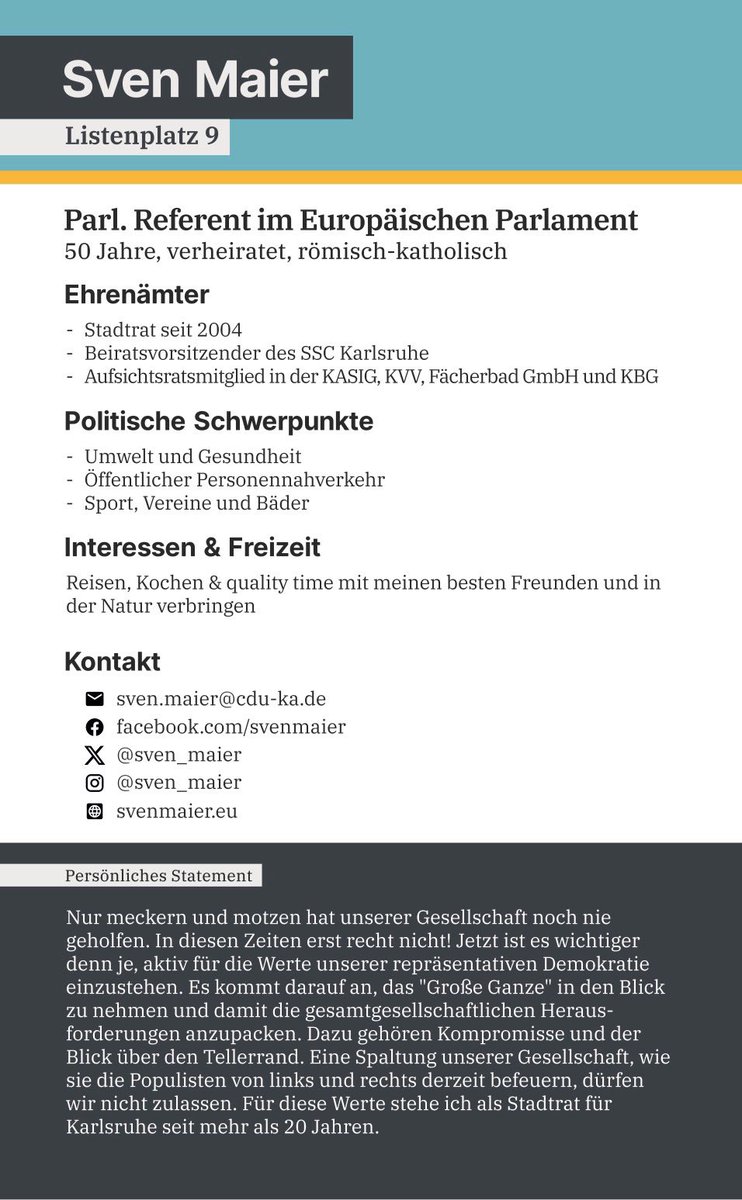 Ich. Für Sie. Für Karlsruhe.
In drei Wochen ist Kommunalwahl - ich bitte um Ihre Stimme für mich und die CDU Kandidaten.
Klare Werte. Klare Worte.
#zukunftgestalten #karlsruhe #engagement #verantwortungsvoll #ideologiefrei #nachhaltig #stadtpolitik #kommunalwahl @CDUKarlsruhe