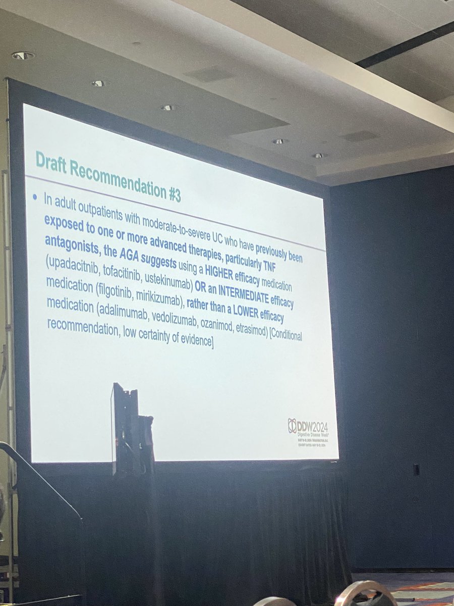 At @AmerGastroAssn guidelines session @AshwinMDIBD presents draft recs for mod-severe #UC w/Sid Singh
🔹certainty of evidence in therapies depends on drug & subpop👇🏽
🔹for pts naive to adv tx: outcome was induction of remission (NMA) 
@EdwardLoftus2 #DDW2024 #WorldIBDDay