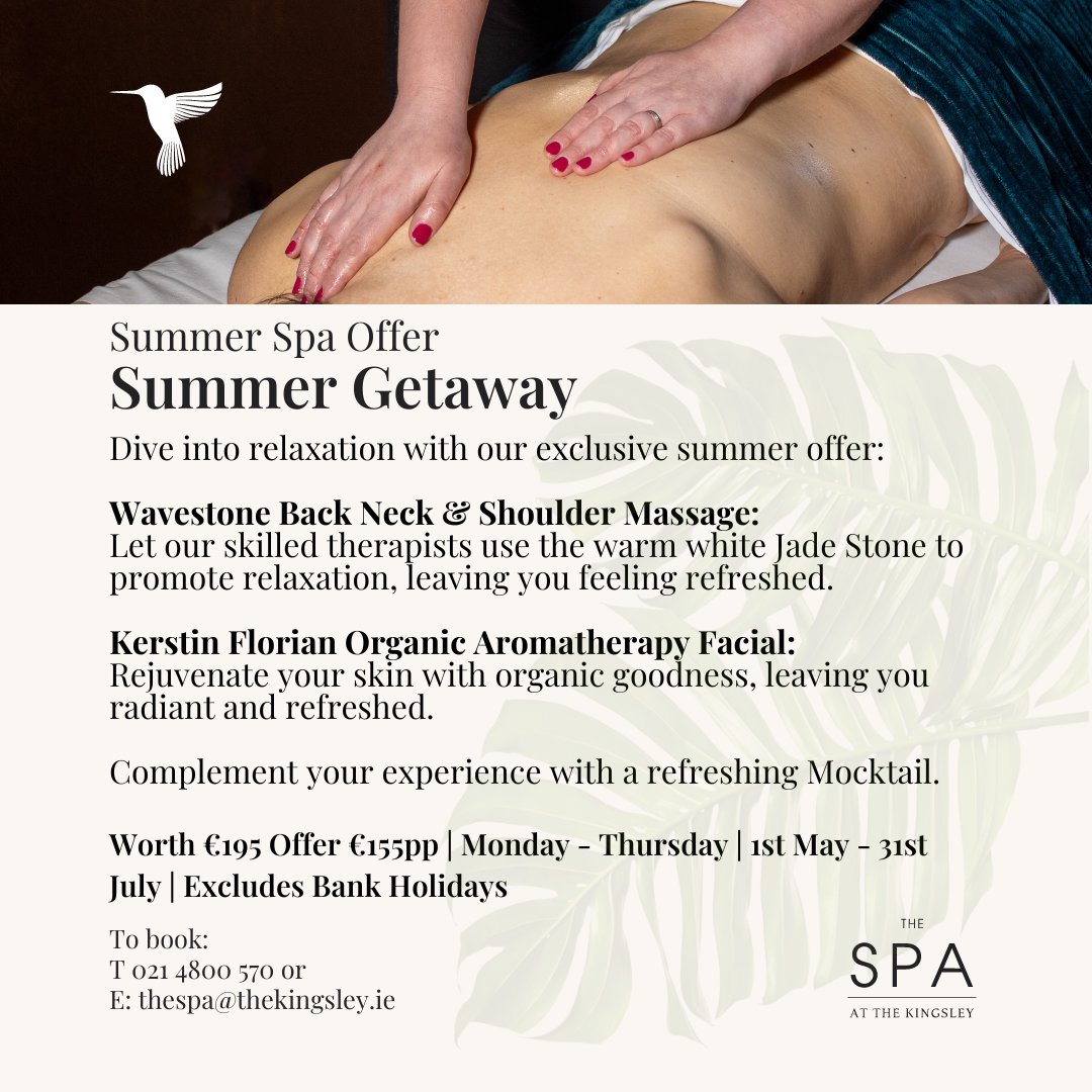 Our Summer Spa Offer! 🌞 

Relax with a Wavestone Back, Neck & Shoulder Massage, enjoy a Kerstin Florian Organic Aromatherapy Facial, and sip a refreshing mocktail. 🍹

Learn more 
thekingsley.ie/spa-offers/sum…

#spa #spadeals #spaoffers #summerspa #summerdeals