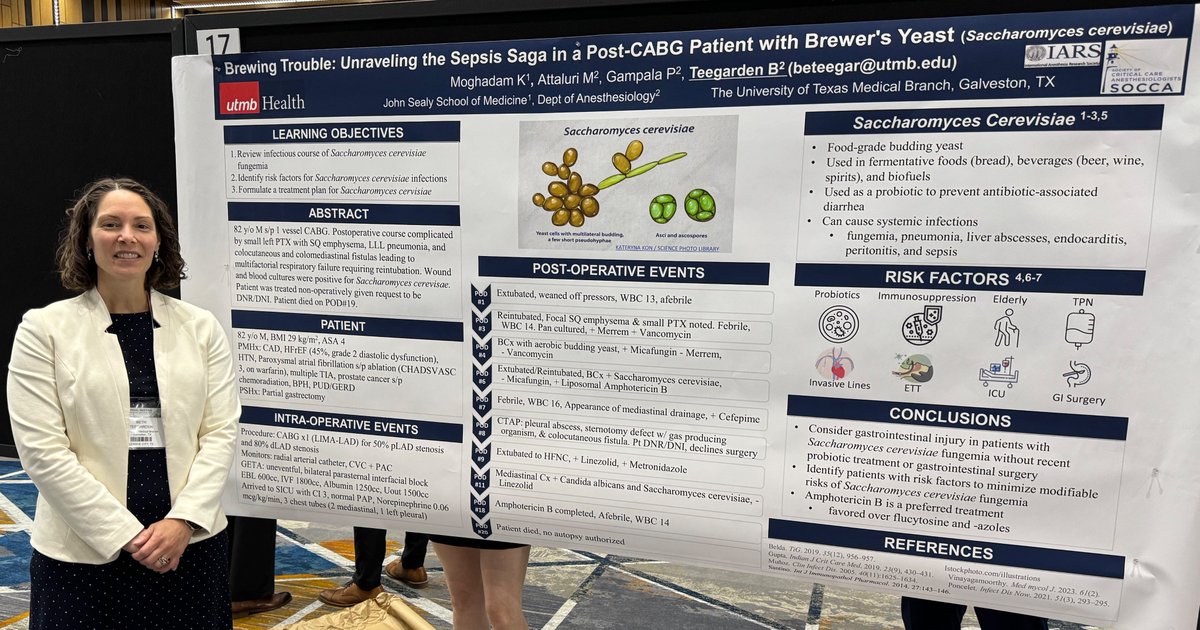UTMB Anesthesiology (@utmbanesthesia) on Twitter photo <a href="/BTeegardenMD/">Beth Teegarden, MD, FASA</a> presenting at <a href="/SOCCA_CritCare/">Society of Critical Care Anesthesiologists</a> meeting. On unusual sepsis from fungal infection after CABG. (Even <a href="/UTMBAnesthesia/">UTMB Anesthesiology</a> faculty stand in front of posters!) <a href="/BTeegardenMD/">Beth Teegarden, MD, FASA</a> presenting at <a href="/SOCCA_CritCare/">Society of Critical Care Anesthesiologists</a> meeting. On unusual sepsis from fungal infection after CABG. (Even <a href="/UTMBAnesthesia/">UTMB Anesthesiology</a> faculty stand in front of posters!)