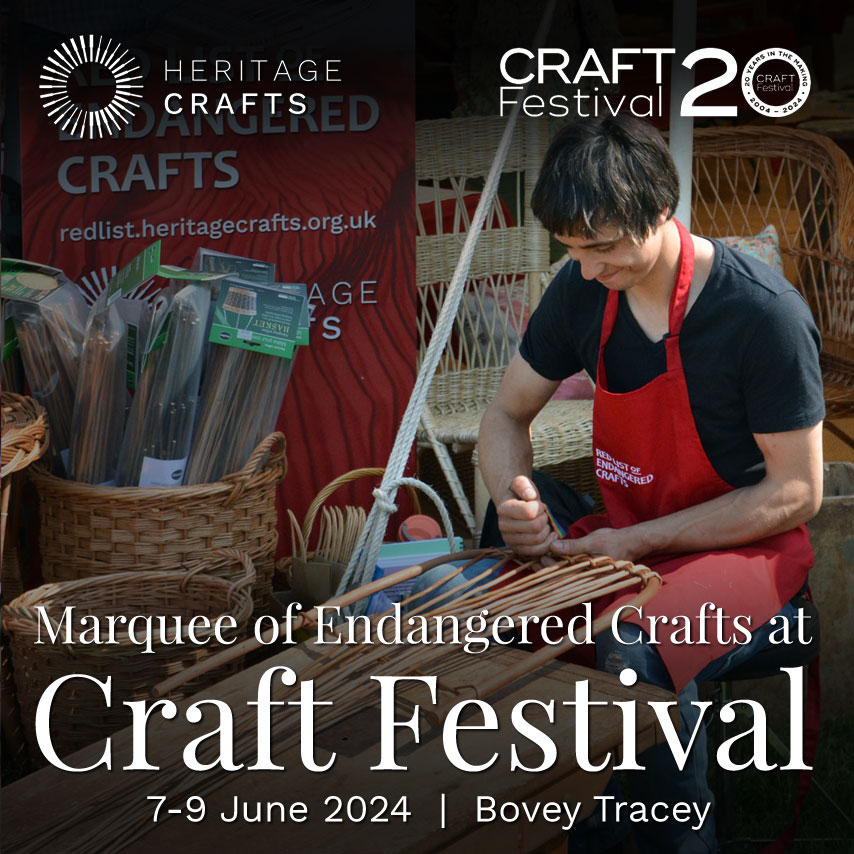 Join us from 7 to 9 June at our Marquee of Endangered Crafts at the 20th Craft Festival in Bovey Tracey, featuring fan making, pigment making, marionette making, stave basket making, letterpress, maille making, willow furniture making and withy pot making. heritagecrafts.org.uk/events/marquee…
