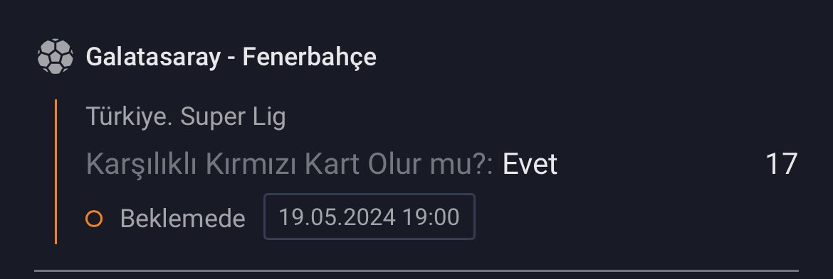 Galatasaray - Fenerbahçe / Karşılıklı kırmızı kart olur 17.00 Takiplik sürpriz denedim, bol şans.