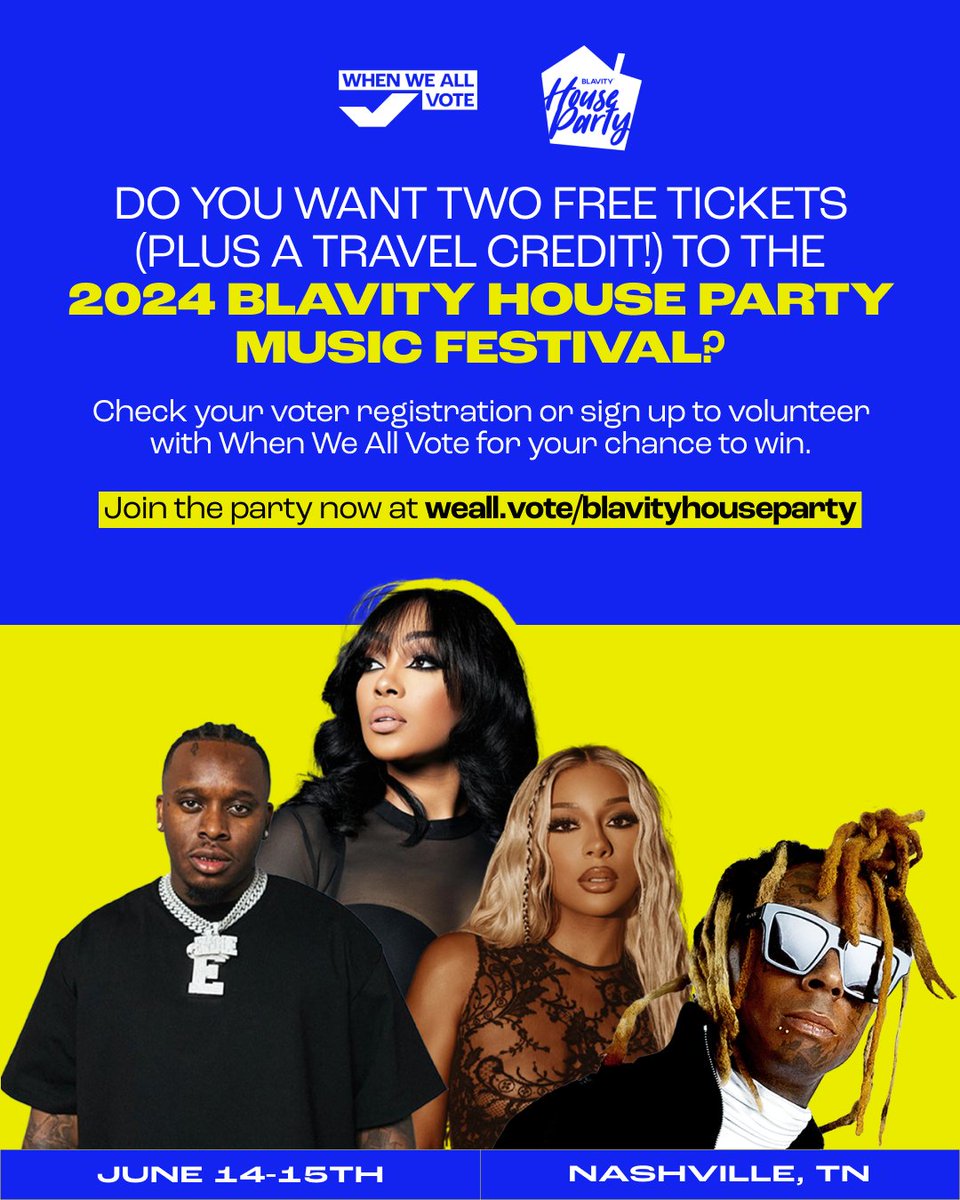 🚨 Today is your LAST chance to enter our #BlavityHouseParty sweepstakes! 🚨 Get ready to vote for a chance to win: 🎫 Two FREE tickets to the Blavity House Party Music Festival 🛫 $1,200 travel credit to help you get to Nashville Enter RN at weall.vote/blavityhousepa…! 🤠