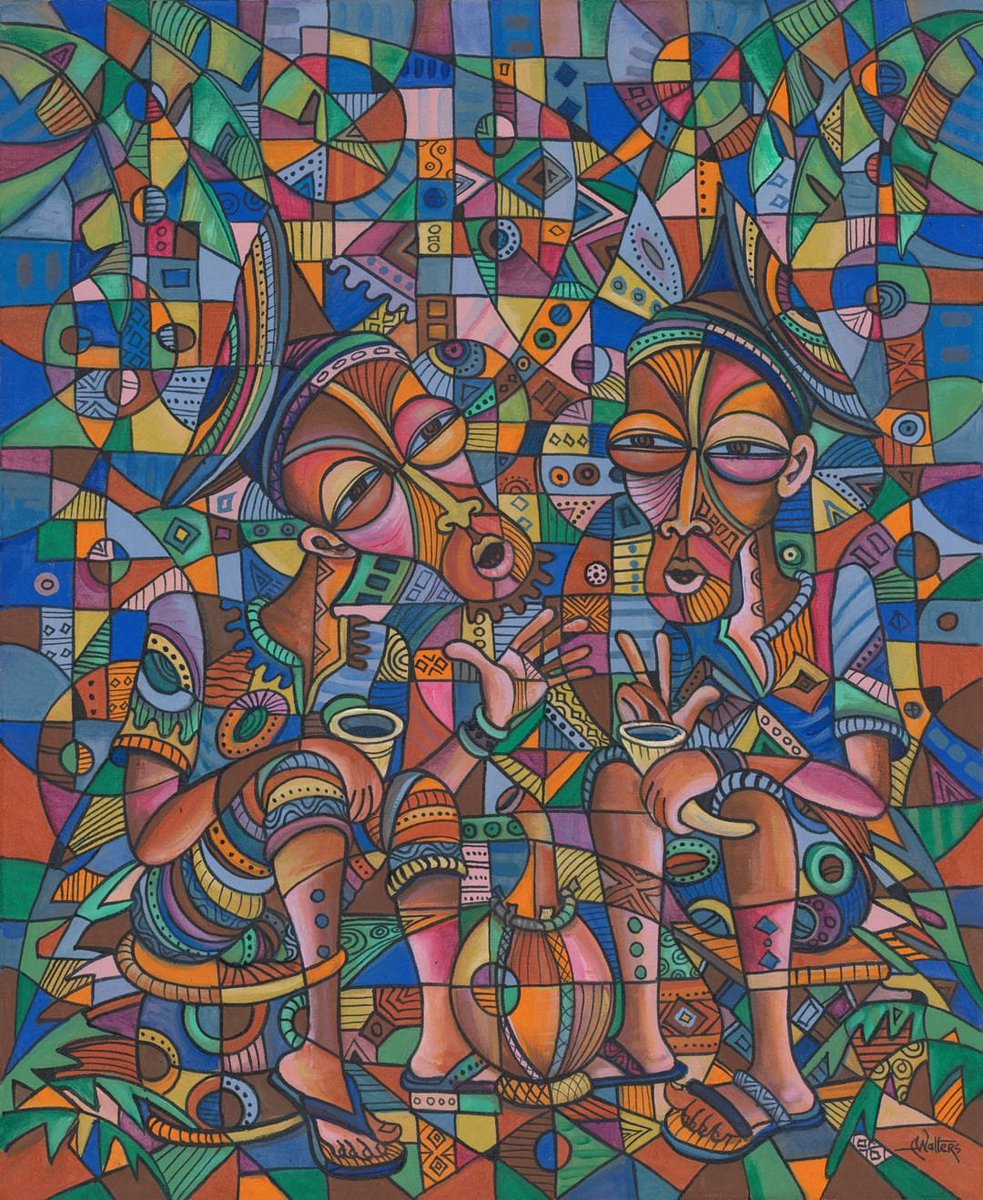 #AfricanArt #friendship #friends #acrylicpainting or #artprint
Painting of the Day. My Best Friend VIII
 > > artcameroon.com/my-best-friend…
The surreal figures are clearly human, sitting on stools, hands gesturing, wearing sandals & holding horns of wine. Yet the scene feels surreal.