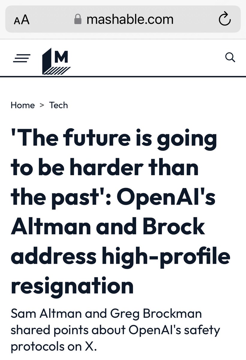 This quote is supposed to refer to OpenAI’s “safety issue.” It also reflects Altman’s refrain, insisting we need some dumb algorithmic formula to pretend to “think” for us. “Life’s too hard, you have to have #AI do it for you.” 
Complete nonsense. 2/ mashable.com/article/openai…