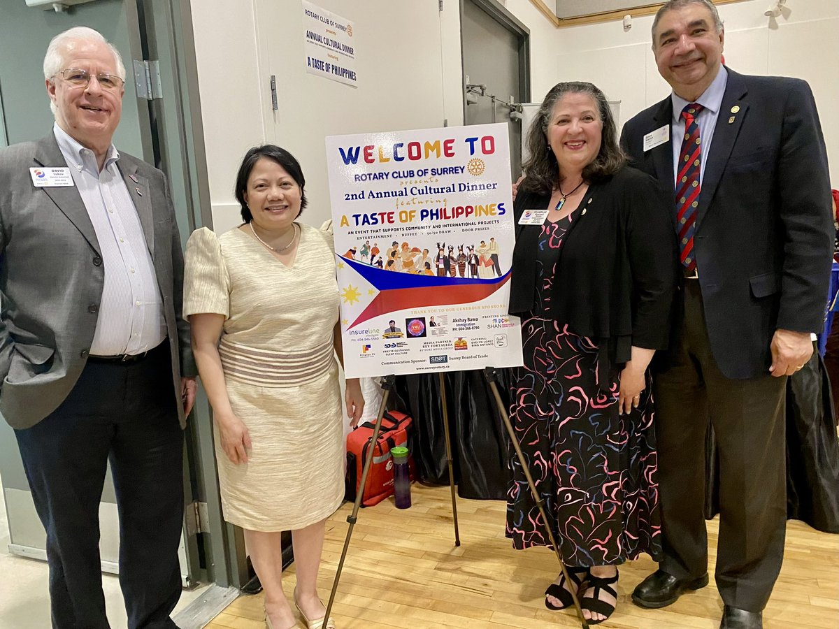 anitahuberman's tweet photo. ROTARY CLUB FOCUS. 
Surrey Board of Trade’s Rhona Doria A Taste of Philippines, the 2nd cultural dinner hosted by Rotary Club of Surrey. 
With David Lukov District 5050 - District Governor  2024-2025, Isabelle Hayer, District Governor 2025-2026 &amp; Dave Hayer @SBofT @DaveHayer https://t.co/V1t7RxwvD6