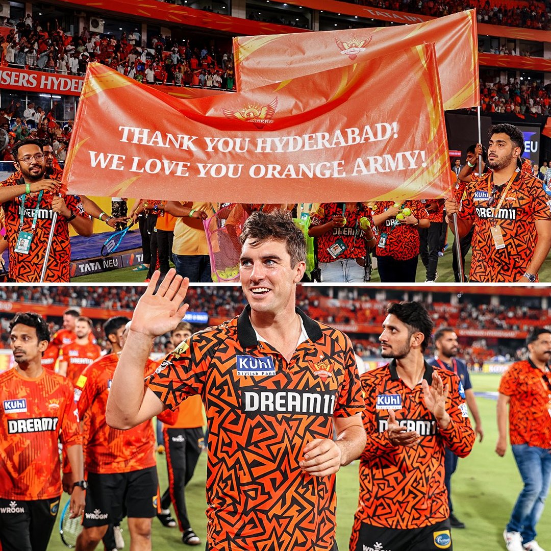 Pat Cummins and Co. express their gratitude to Hyderabad fans with a heartfelt thank-you lap.

📸: SRH