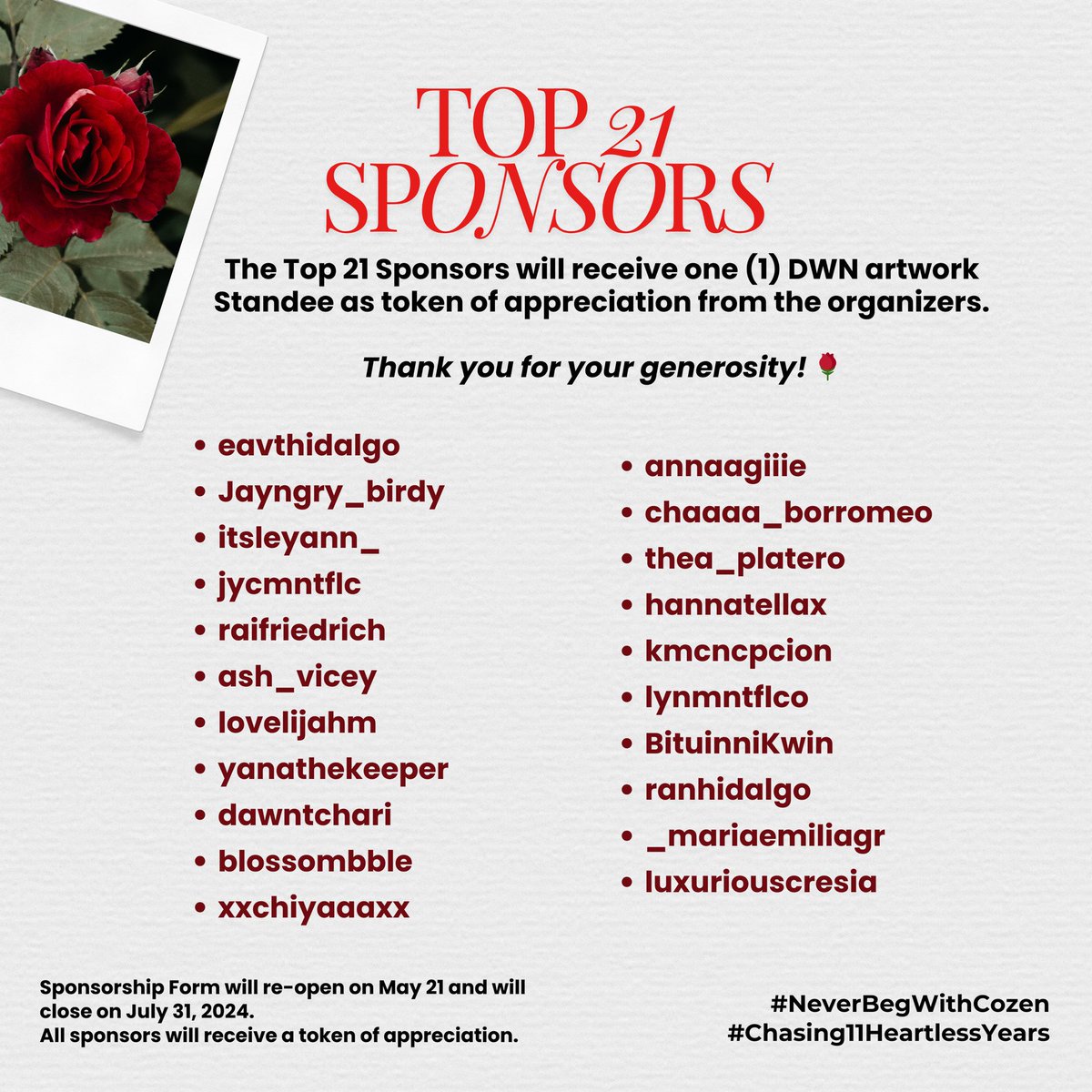 We just can’t resist you! Here’s our Top 21  Cozen Sponsors that will bring home 1 DWN artwork standee! 🌹

Kindly give us 1-2 days to send out e-mail confirmations. Thank you for your generosity, Chasers! 

#NeverBegWithCozen
#Chasing11HeartlessYears