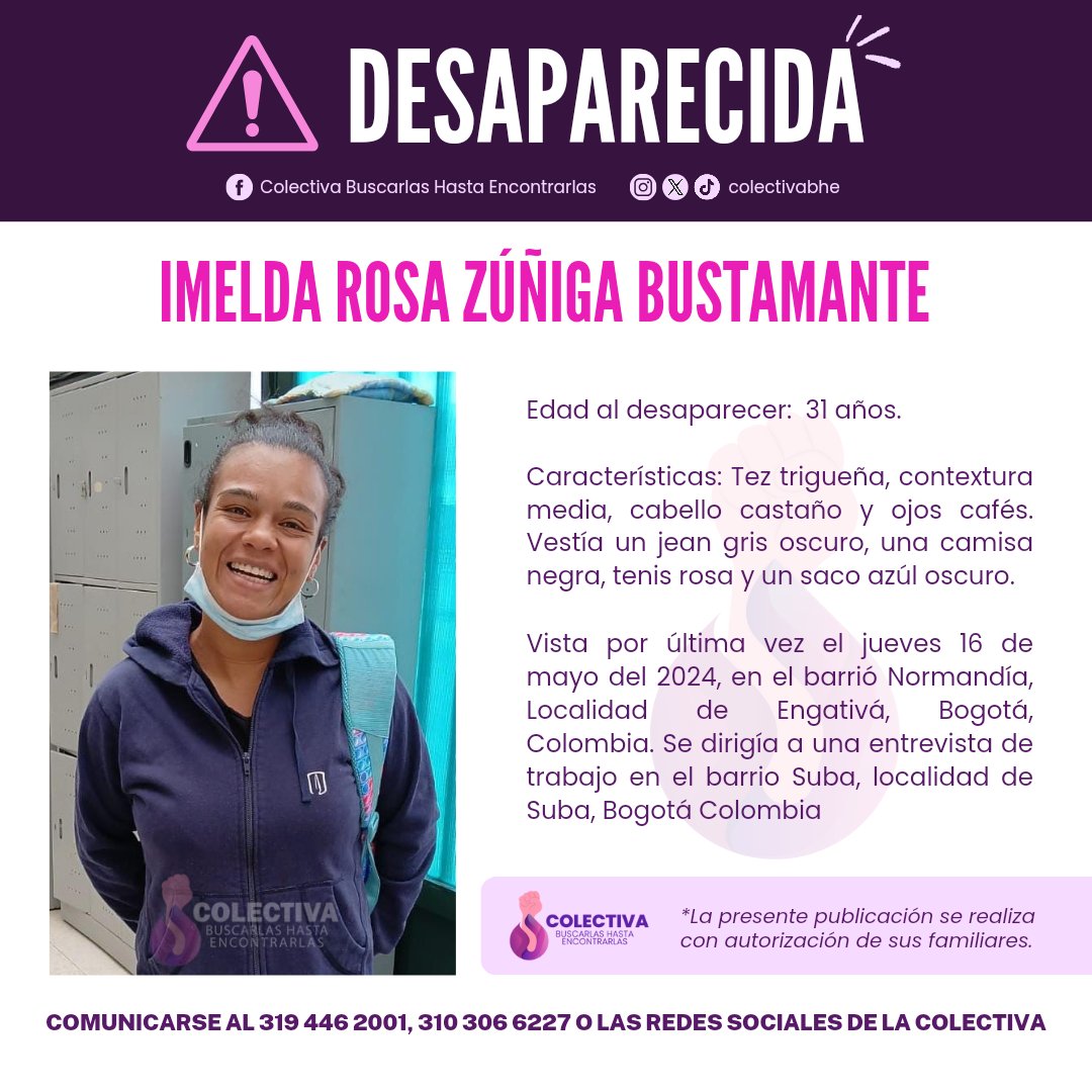 ⚠️ ATENCIÓN DESAPARECIDA ⚠️ 
IMELDA ROSA ZÚÑIGA BUSTAMANTE 
Vista por última vez el jueves 16 de mayo del 2024, en el barrió Normandía, Localidad de Engativá, Bogotá, Colombia. Se dirigía a una entrevista de trabajo en el barrio Suba, localidad de Suba, Bogotá Colombia