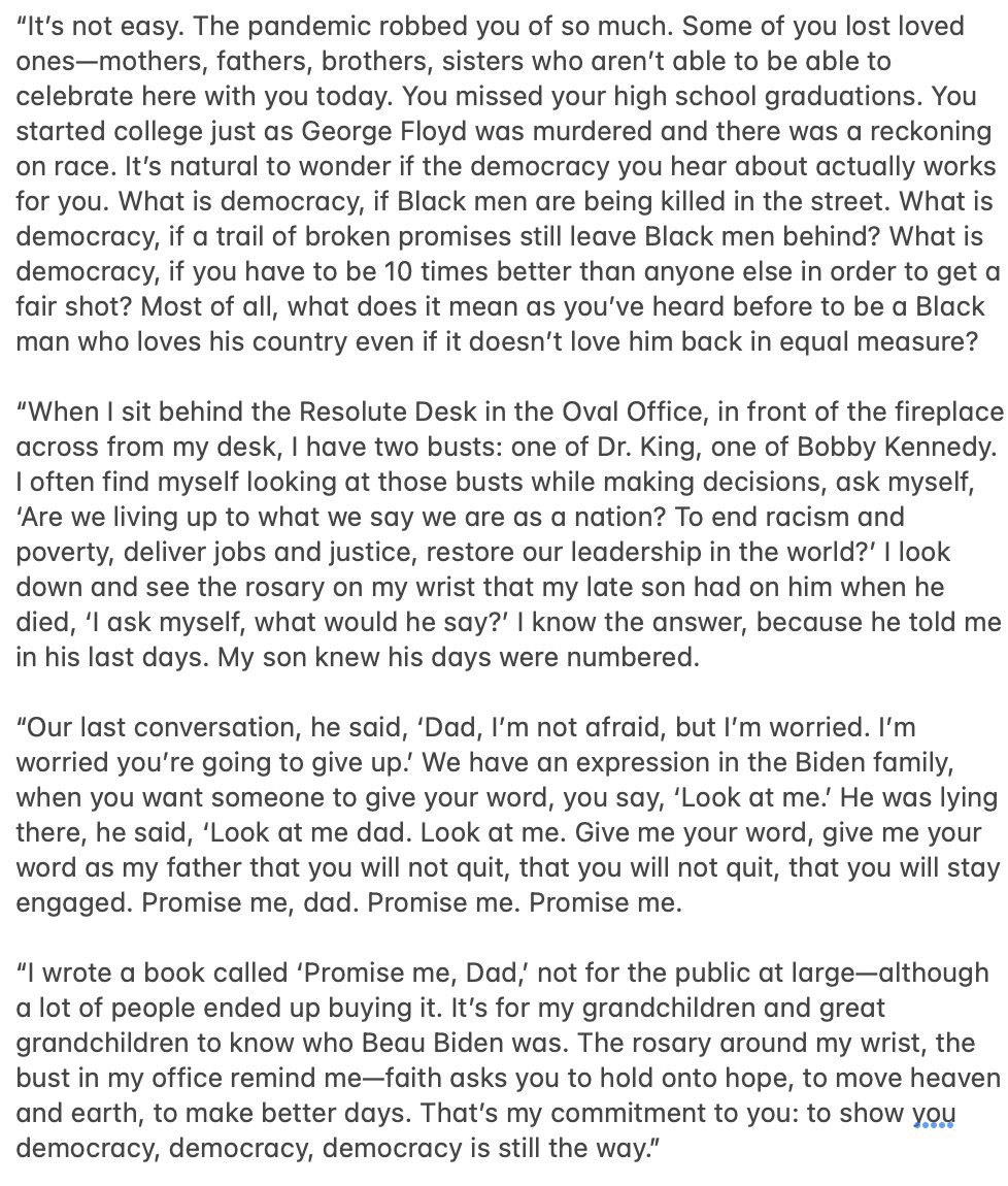 Biden's commencement speech at Morehouse includes essentially his own mission statement for the 2nd term he wants--connecting his faith, his beloved late son Beau, his work & failings in office, Trump, democracy, COVID legacy, his thinking on race,his sense of limited time left: