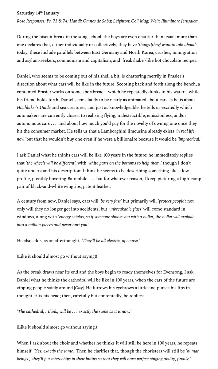 'After final self-generated prayers... the congregation is folded up & put away for another time.'

There's a haunting, resonant dissonance to these choristers' imaginings—one from @pborochoir in CHOIR SCHOOLS REVIEW '83; one in my notes—of cathedrals' futures. #ChoristerResearch