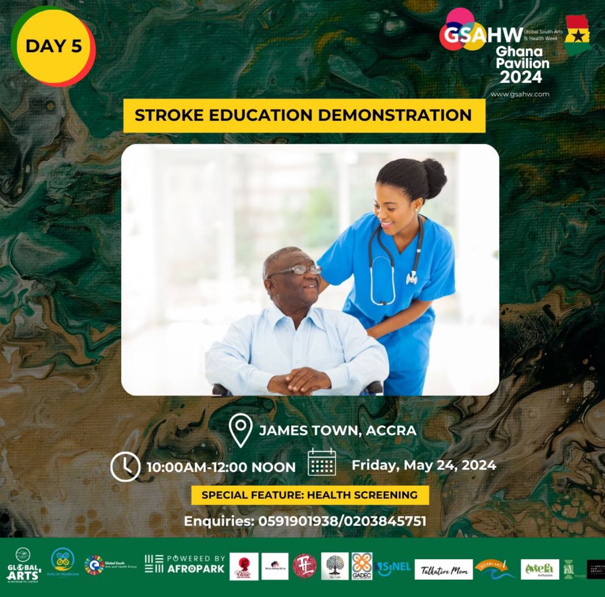 The GSAHW Ghana Pavilion 2024 celebrates the week with the people of James Town on Day 5 with a STROKE EDUCATION DEMONSTRATION.

Attendance is FREE, but REGISTRATION IS REQUIRED: bit.ly/RegisterGSAHW2…

#GSAHW2024 #GhanaPav2024 #ArtsandHealth #ArtsinMedicine