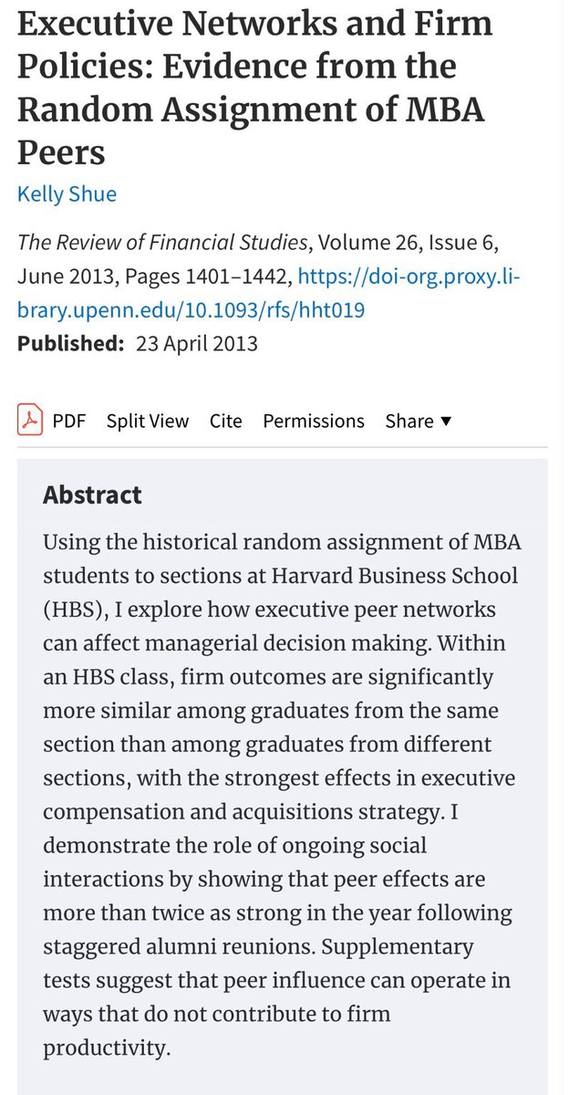 This paper is very useful in graduation/reunion season: 🧑‍🎓The people you go to class with, even if they are randomly assigned, influence where you will live & your job choice 🧑‍🎓Reunions reinforce the bonds. After an HBS reunion, alumni salaries go up & firms have better mergers!