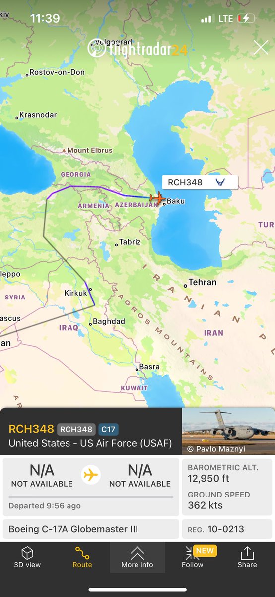 #BREAKING #URGENT

🚨🚨🚨🚨

A rare flight by the US Air Force went from Jordan and is apparently landing in Baku, Azerbaijan