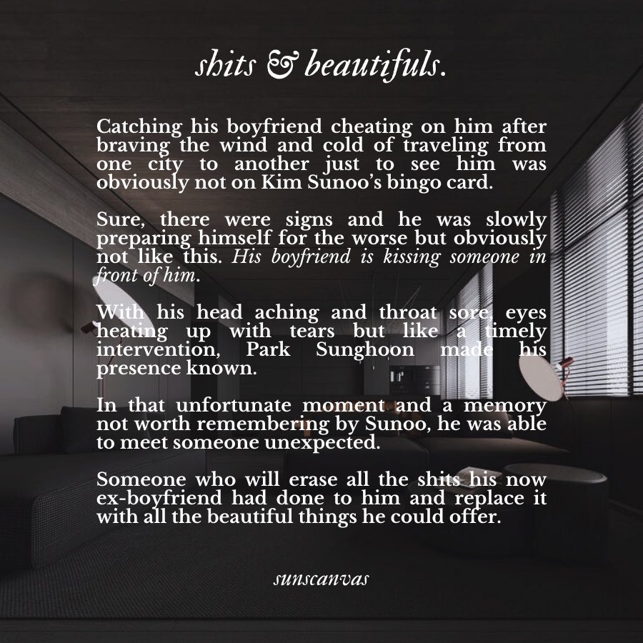 sunscanvas's tweet image. 𝒔𝒉𝒊𝒕𝒔 &amp;amp; 𝒃𝒆𝒂𝒖𝒕𝒊𝒇𝒖𝒍𝒔.

❥ #sunsun 🔞 fic.
❥ 4 chapters, rated E.
❥ 49.3k words.
❥ strangers to lovers, hurt/comfort, mentions of cheating, domestic fluff, happy ending.
❥ ao3.org/works/49487794