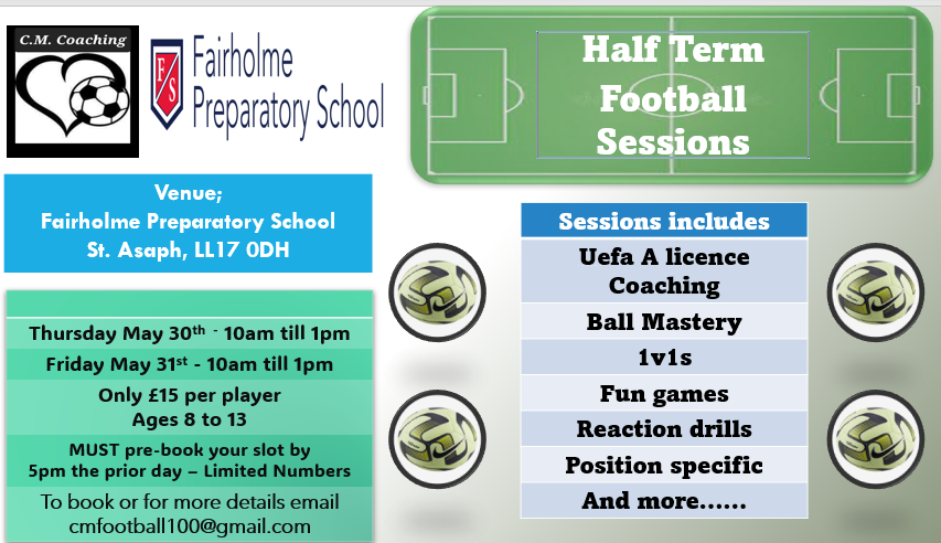 FairholmePrep's tweet photo. Sign up now for fantastic UEFA A half-term football coaching sessions with Chris Morrell Chris M Coaching- numbers limited so book now to avoid disappointment! Boys and girls 8-13, Fairholme and non-Fairholmers! https://t.co/IEu1aChh2b