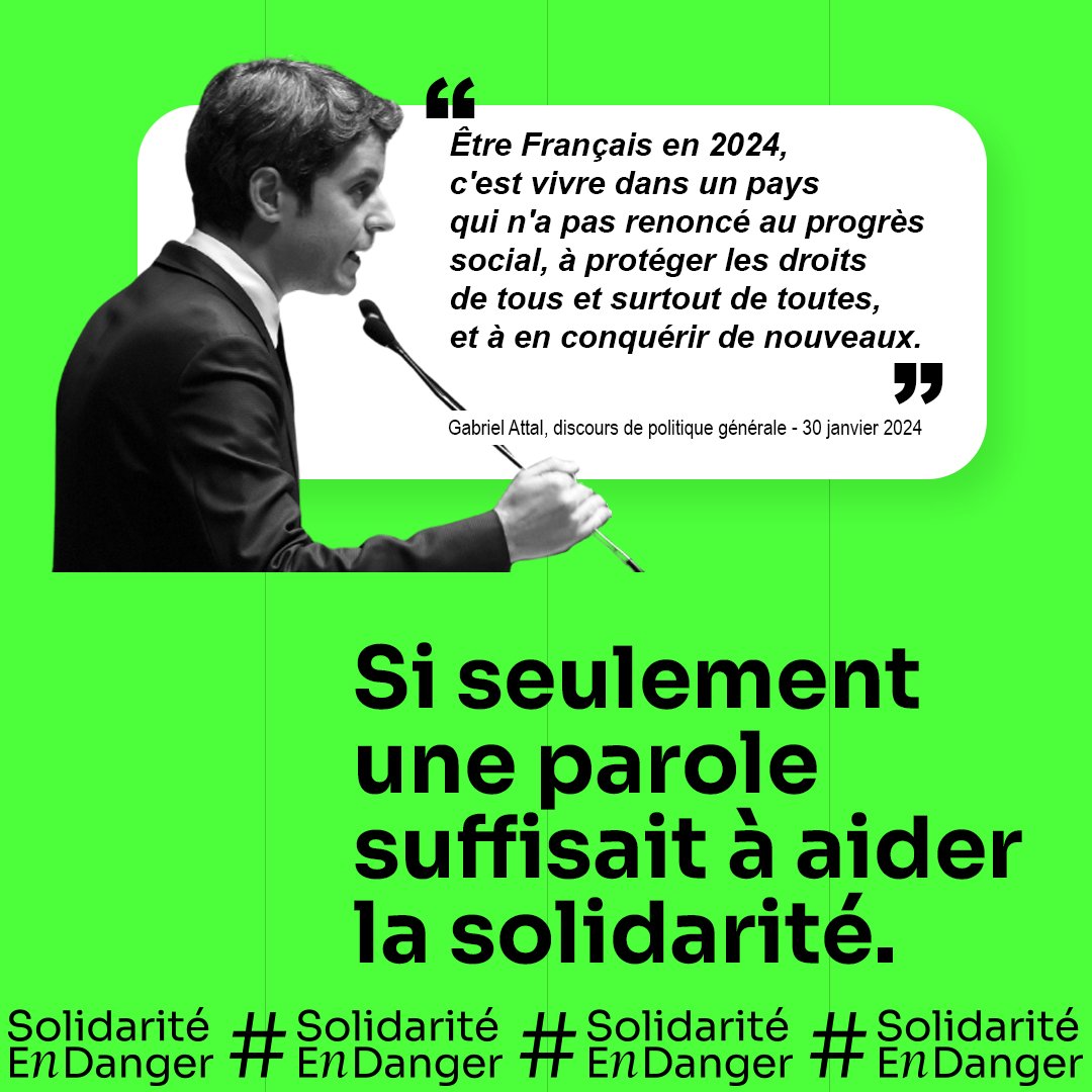 🟢🚨 Monsieur le Premier ministre <a href="/GabrielAttal/">Gabriel Attal</a>, derrière les paroles, nous attendons tous des actes.

Signez la pétition ➡️ bit.ly/4dCyJxz
#SolidaritéEnDanger 

<a href="/Unapei_infos/">Unapei</a>, <a href="/la_CNAPE/">CNAPE</a>,<a href="/FedeSolidarite/">Fédération des acteurs de la solidarité</a>,
<a href="/Nexem_actu/">Nexem</a>, <a href="/Uniopss/">Uniopss</a>, #UNISSS.
