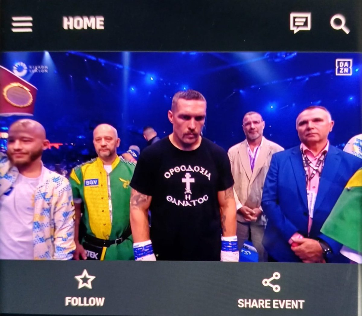 So @usykaa had a t-shirt at last night's fight in Riyadh that said: 'ΟΡΘΟΔΟΧΙΑ Η ΘΑΝΑΤΟC' Which basically means: 'ORTHODOX CHRISTIANITY OR DEATH'. Can you imagine the media reaction if a Muslim boxer had a t-shirt that said: 'ISLAM OR DEATH'? I assume this is Usyk's way of