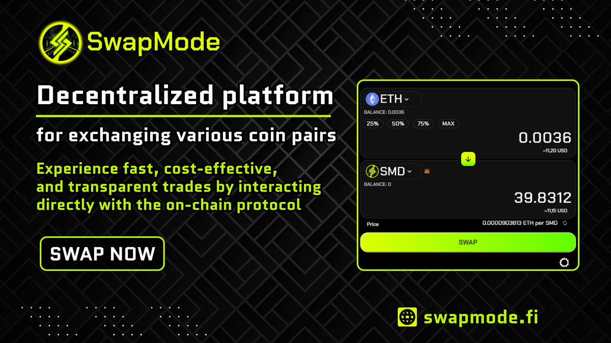 🚀 Introducing @SwapModeFi: A decentralized platform for exchanging various coin pairs! 💱 As an AMM, it offers efficient trading with competitive fees of 0.3%. 📉 Integrated within the @modenetwork, SwapModeFi ensures non-custodial trading, allowing users to maintain full