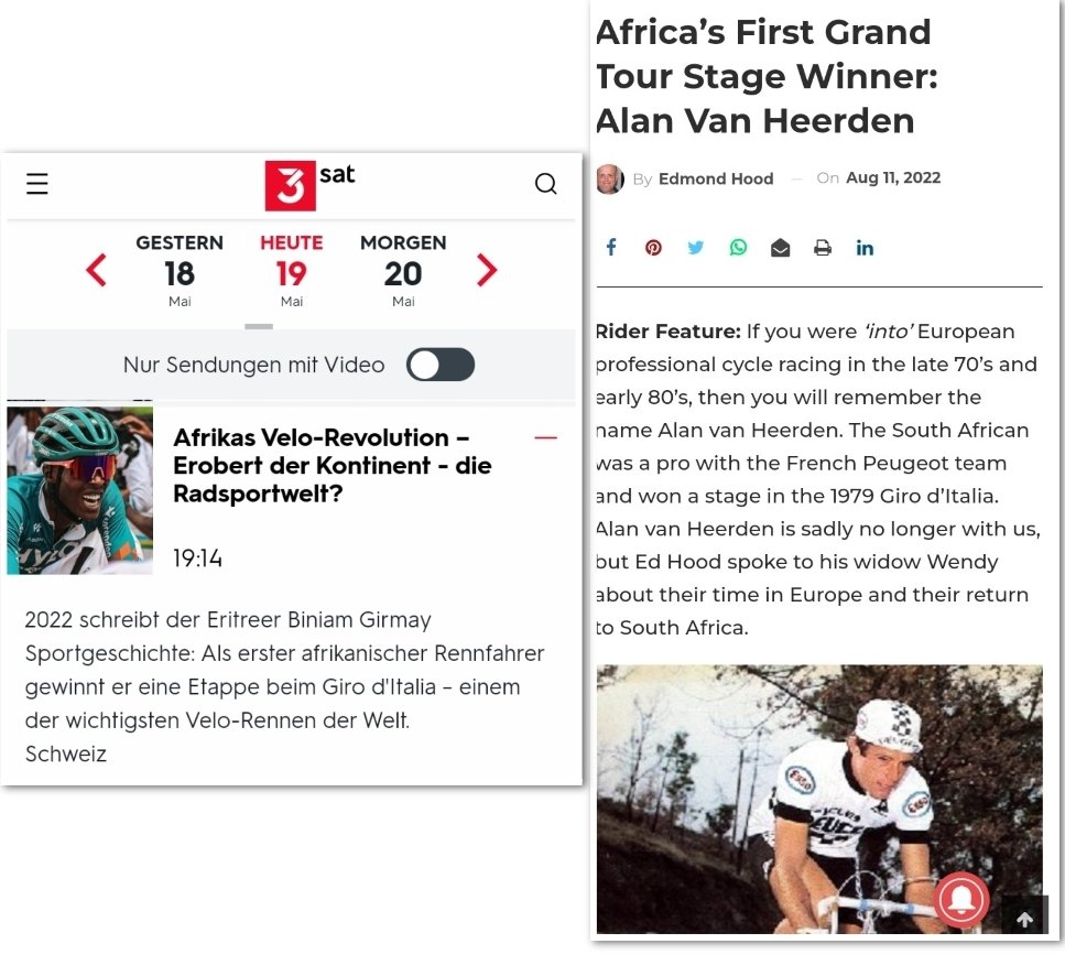 3sat behauptet Biniam Girmay sei der erste afrikanische Radrennfahrer, der eine Etappe beim Giro d'Italia gewonnen habe. Das ist falsch. Alan van Heerden gewann 43 Jahre vor ihm eine Etappe. #ReformOerr #OerrBlog