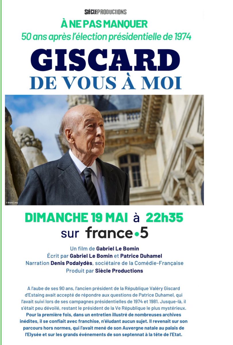 #CeJourLà Il y a 50 ans, le 29 mai 1974, Valery Giscard d’Estaing devenait le plus jeune Président de la République française. Un Président réformateur qui mérite d’être mieux connu et compris. Ne ratez pas ce soir (21h05) la soirée spéciale sur France 5 avec 2 excellents films👍