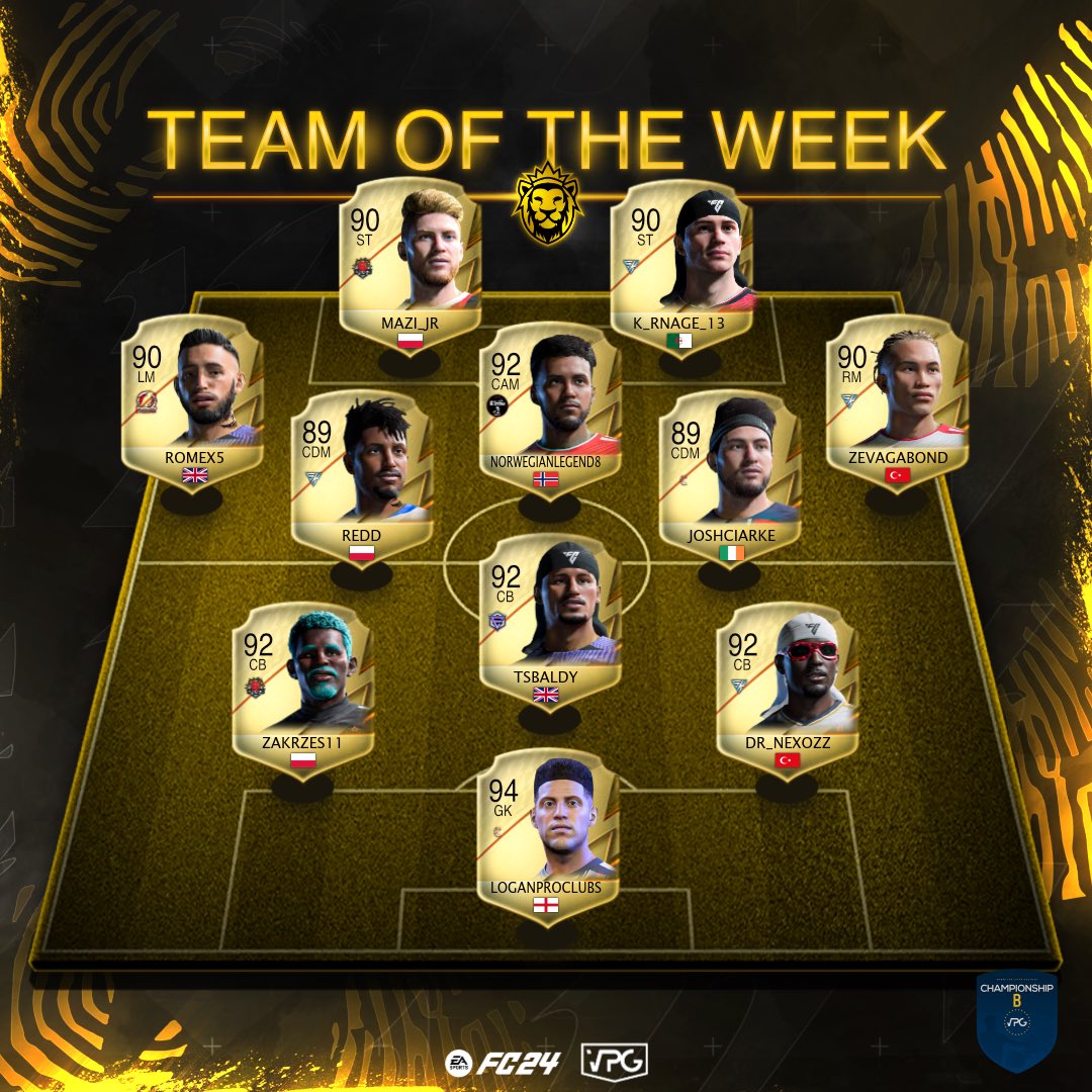 👥Team of the week! 📊Standings 🗓️Week Four 🏆@VPGEurope Championship B 1: @illegalesports 🇵🇱 2: @SKATLANTA1 🇫🇷 3: @TheDregs11 🏴󠁧󠁢󠁥󠁮󠁧󠁿 4: @VuvuzelaEgy 🇪🇬 5: @FcNational_ 🇷🇴 6: @CarnageES24 🏴󠁧󠁢󠁥󠁮󠁧󠁿 7: @TorrinoeSports 🇮🇹 8: @EleganceEsport 🏴󠁧󠁢󠁥󠁮󠁧󠁿 9: @fcviktorkaplzen 🇨🇿 10: