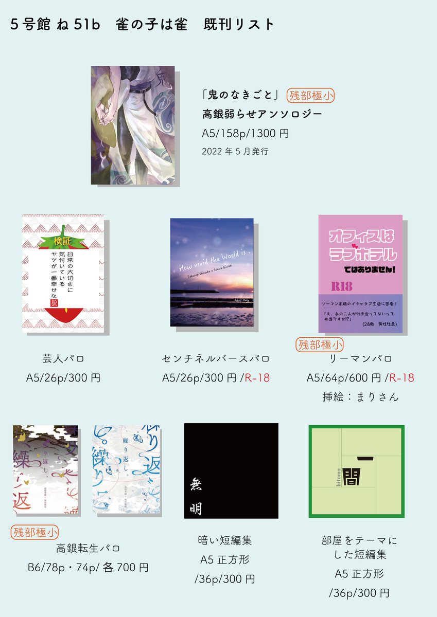 eco_tkgn's tweet photo. 【2024.5.26 両眼に映るろくでなし】
お品書きです！
5号館ね51bにスペースをいただいております✨
既刊祭りを開催するので、ご興味のある方はぜひ！
当日はお会いできることを楽しみにしております☺️ https://t.co/nlcNpXfQto