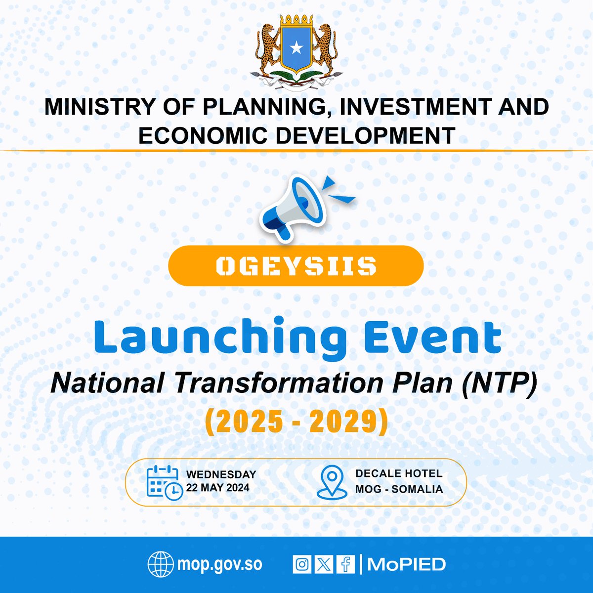 The Federal Government of Somalia, through @MoPIED_Somalia, is proud to introduce the National Transformation Plan (NTP) 2025-2029. This strategic roadmap will guide Somalia's development efforts, focusing on economic growth, social progress, and environmental resilience.