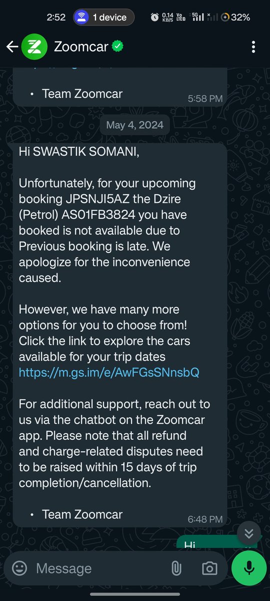 swastik_somani's tweet photo. Booked a car for my trip(JPSNJI5AZ) and the owner canceled the ride—terrible service from @Zoomcar_India. They didn't give a full refund, and after 2-3 emails, still no response. Very disappointed. Screenshots attached for reference. 
@ZoomcarDEL @ZoomcarBLR https://t.co/3AMM6IMtg4