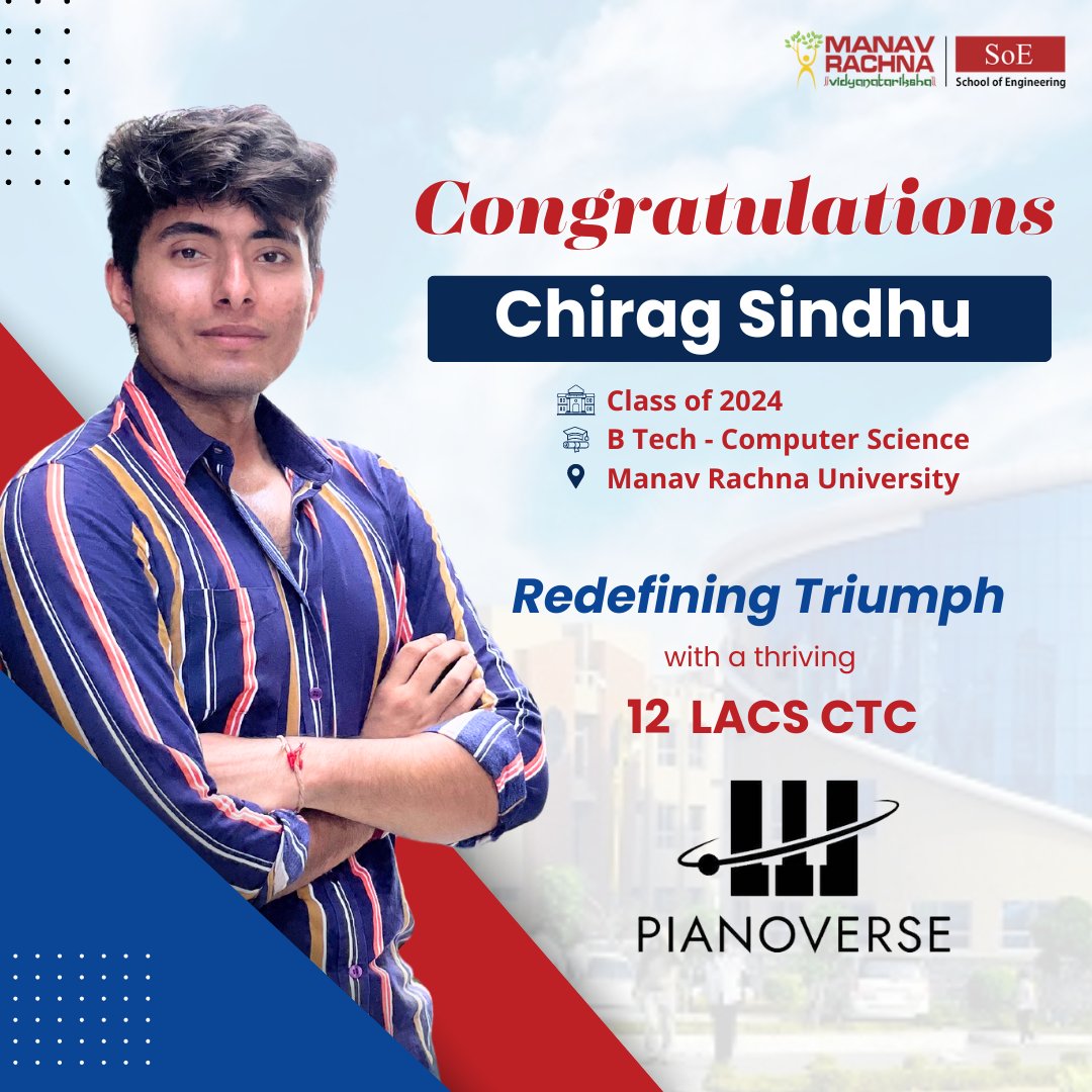 Manav Rachna celebrates Chirag Sindhu, a Computer Science student from MRU, for securing an exceptional placement at Pioneverse with a remarkable package of 12 LPA. 🎉 His achievement stands as a testament to his dedication, hard work, and unwavering pursuit of excellence. It