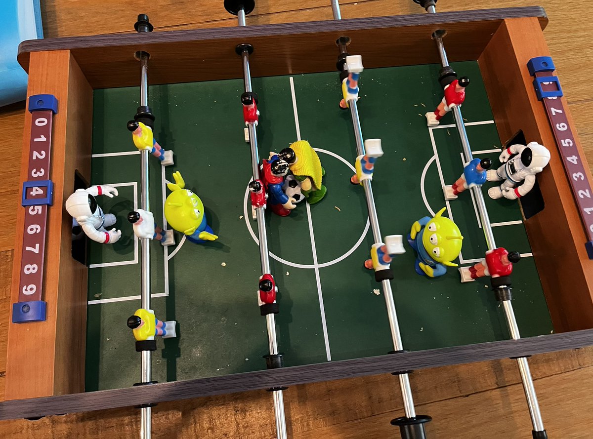 Playing table footy with my autistic son is the best. We’ve got astronauts in goal, aliens in defence, Superman & Robin in midfield. 😂👍🏼 #AutismAcceptance