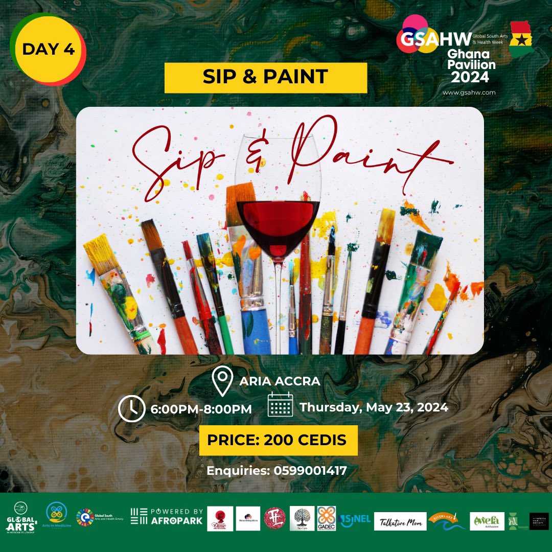 Come experience a STROKE OF CREATIVITY: A SIP AND PAINT EXPERIENCE.

Join us at the GSAHW Ghana Pavilion 2024 for a unique and therapeutic sip and paint event, raising awareness about stroke and brain health.

#GSAHW2024 #GhanaPav2024 #ArtsandHealth #ArtsinMedicine