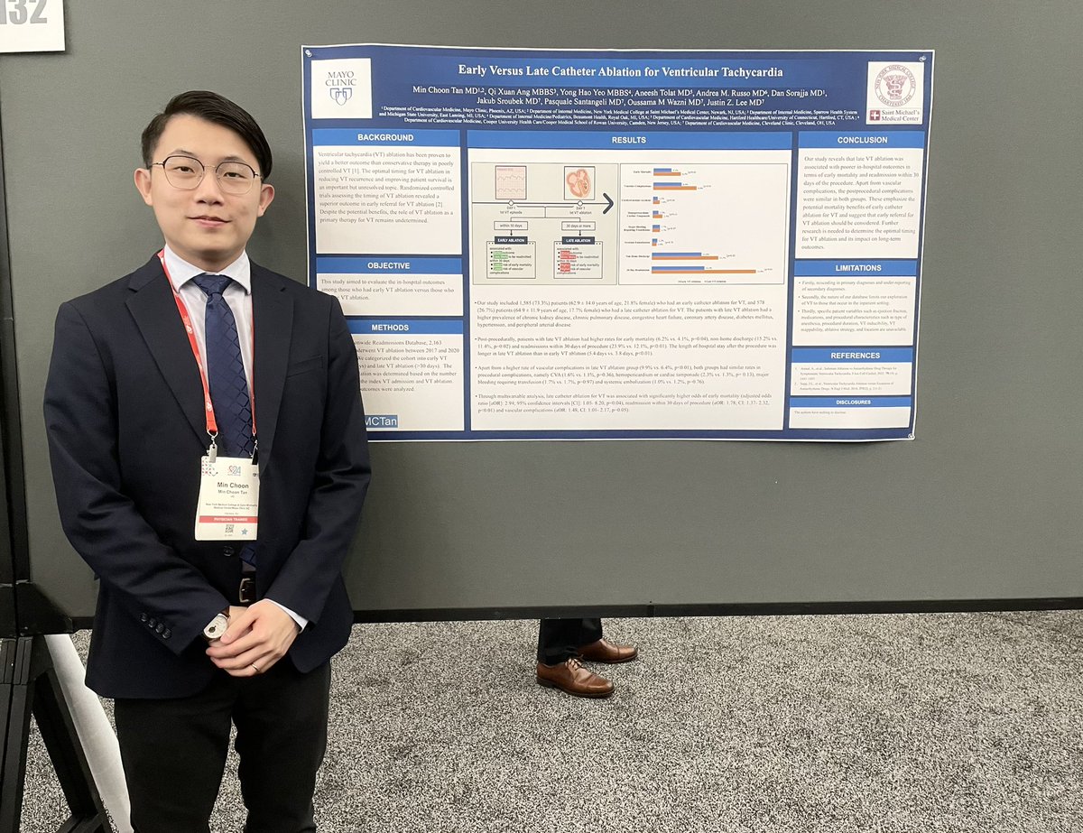 #HRS2024 It’s happening! Please come by today and check out our works on 1) TLE of infected CIED among different age groups; 2) Racial and geographical disparities in ventricular arrhythmia mortality among HF patients @HRSonline #Epeeps #CardioTwitter
