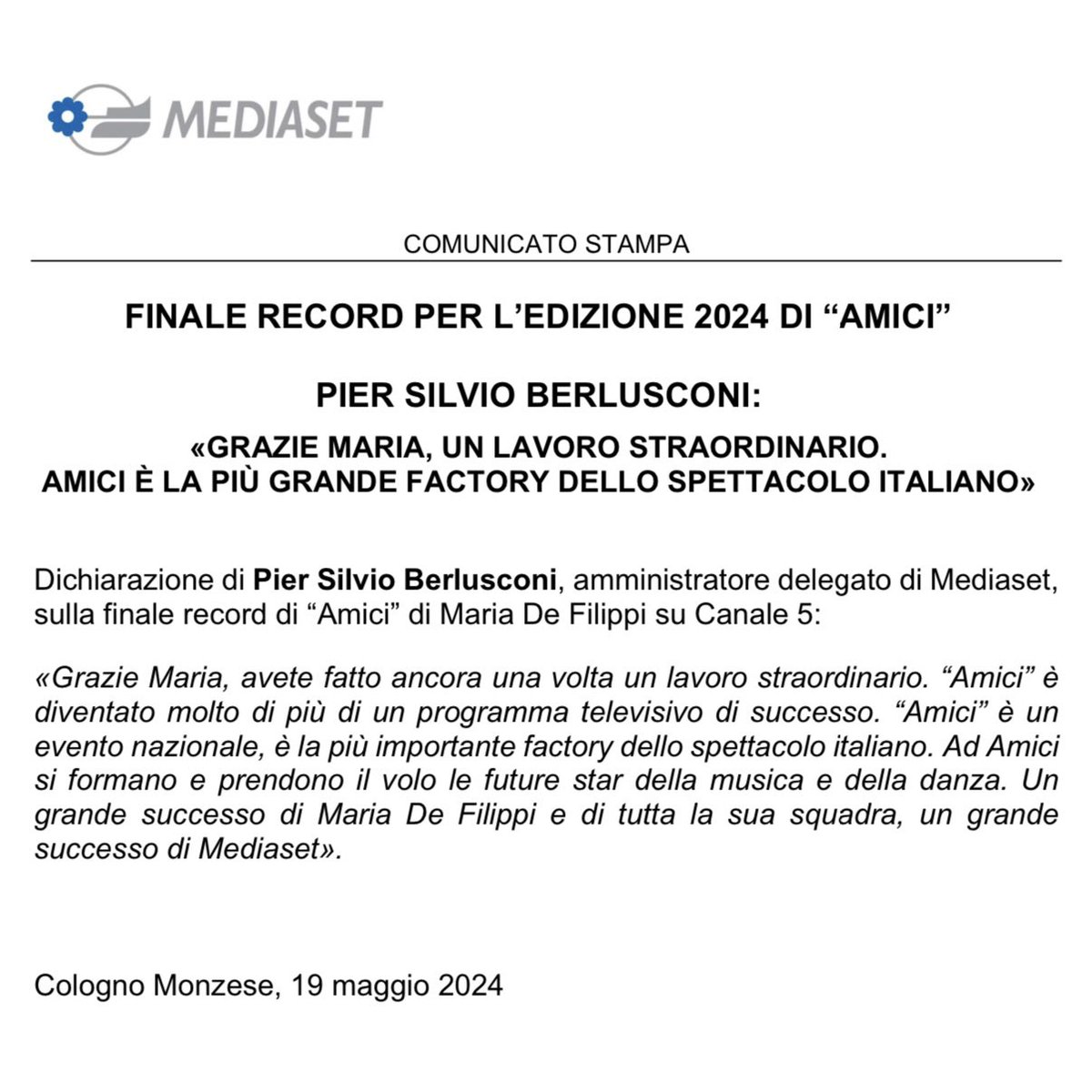 Finale record per l’edizione 2024 di “Amici” Pier Silvio Berlusconi: «Grazie Maria, un lavoro straordinario. Amici è la più grande factory dello spettacolo italiano»