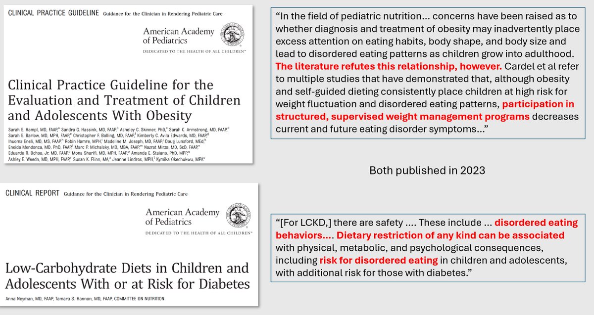 I'd like clarification @AmerAcadPeds In your 2023 obesity guidelines, you were direct in saying that there is zero evidence that clinician-recommended interventions used to treat pediatric obesity cause eating disorders. But in your 2023 low carbohydrate guidelines, you say