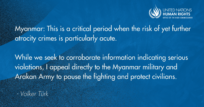 UNHumanRights's tweet photo. #Myanmar: UN Human Rights Chief @volker_turk deeply alarmed by reports of renewed violence &amp; destruction in northern Rakhine state, resulting in displacement of potentially tens of thousands of civilians, mainly Rohingya.