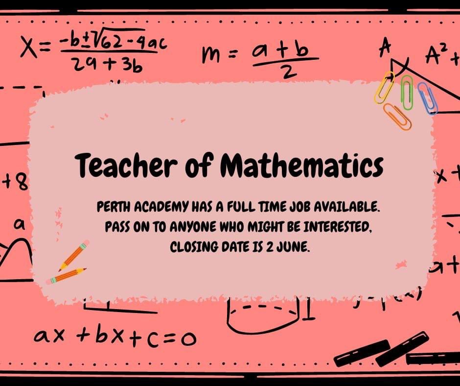 Come &amp; join our fabulous Maths Department!

<a href="/PA_MathsDep/">PA_MathsDep</a>

#TeamPA #RISE 💙

See details below ⬇️⬇️⬇️

myjobscotland.gov.uk/councils/perth…