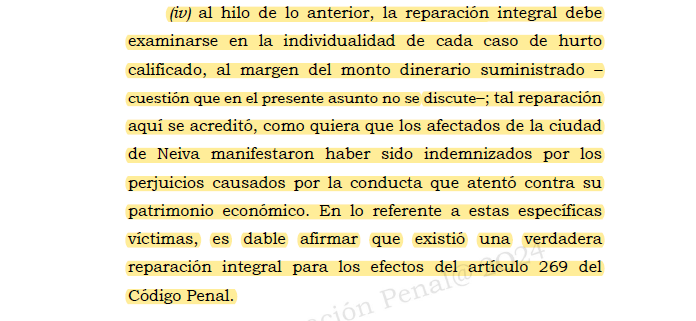 Melovides's tweet photo. La reparación integral de que trata el art. 269 C.P. debe examinarse en la individualidad de cada caso de hurto calificado, no en el marco de todos los delitos cometidos por una organización criminal. https://t.co/IOBPr195Gf https://t.co/wbgfFfdWyn
