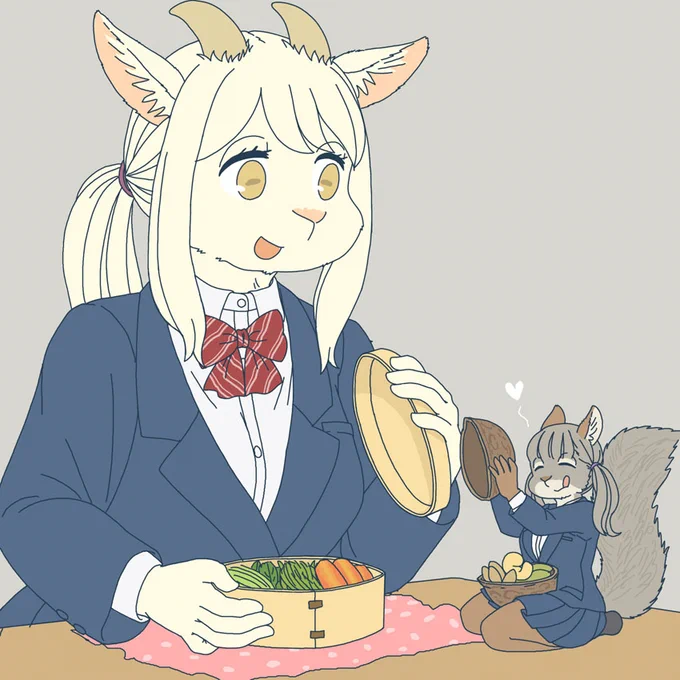 ヤギとリスのお弁当タイム 