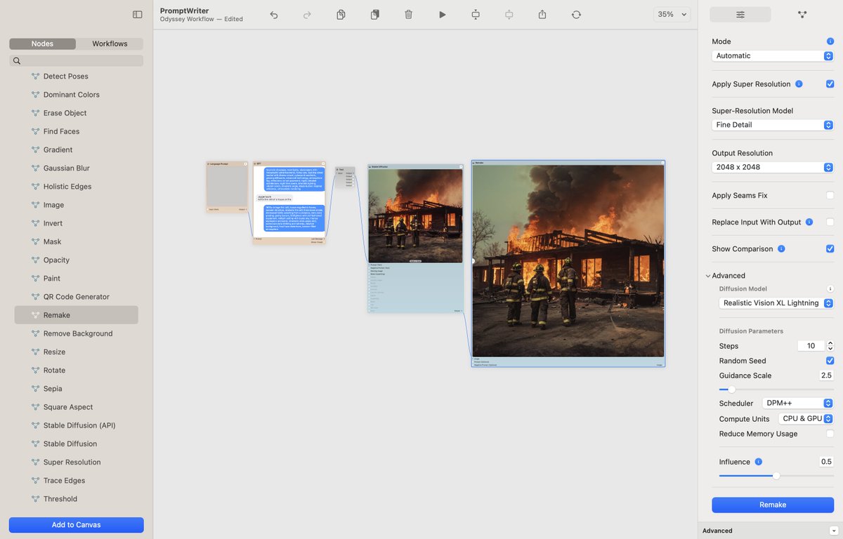 odysseyapp_ai's tweet photo. Pretty cool how effective GPT-4o is at writing prompts. Here's a workflow that goes from brief description --> fully fledged prompt --> JuggernautX --> Odyssey Remake https://t.co/MQFf4HxQLk