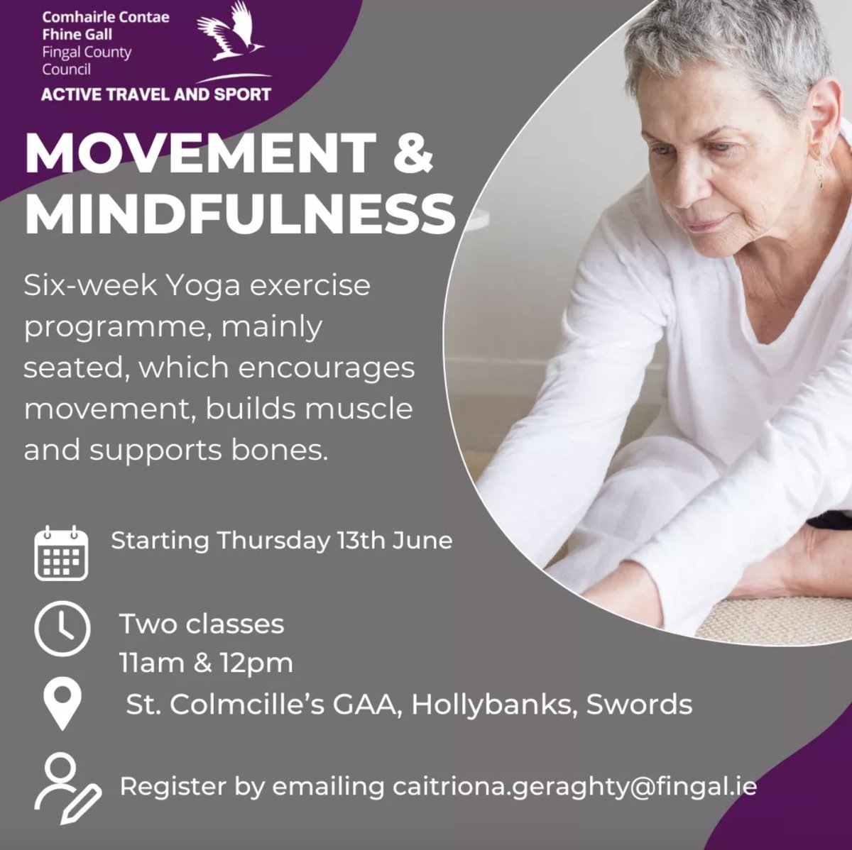 Two classes of gentle chair yoga and breathing exercise led by Mairéad McCarthy of Pearl Yoga! 📍Location: St Colmcille's GAA, Swords 🗓️Start: 13th June for six weeks 🕐 Class 1: 11am to 12pm bit.ly/MMclass1 🕐 Class 2: 12pm to 1pm bit.ly/MMClass2 @fingalcoco
