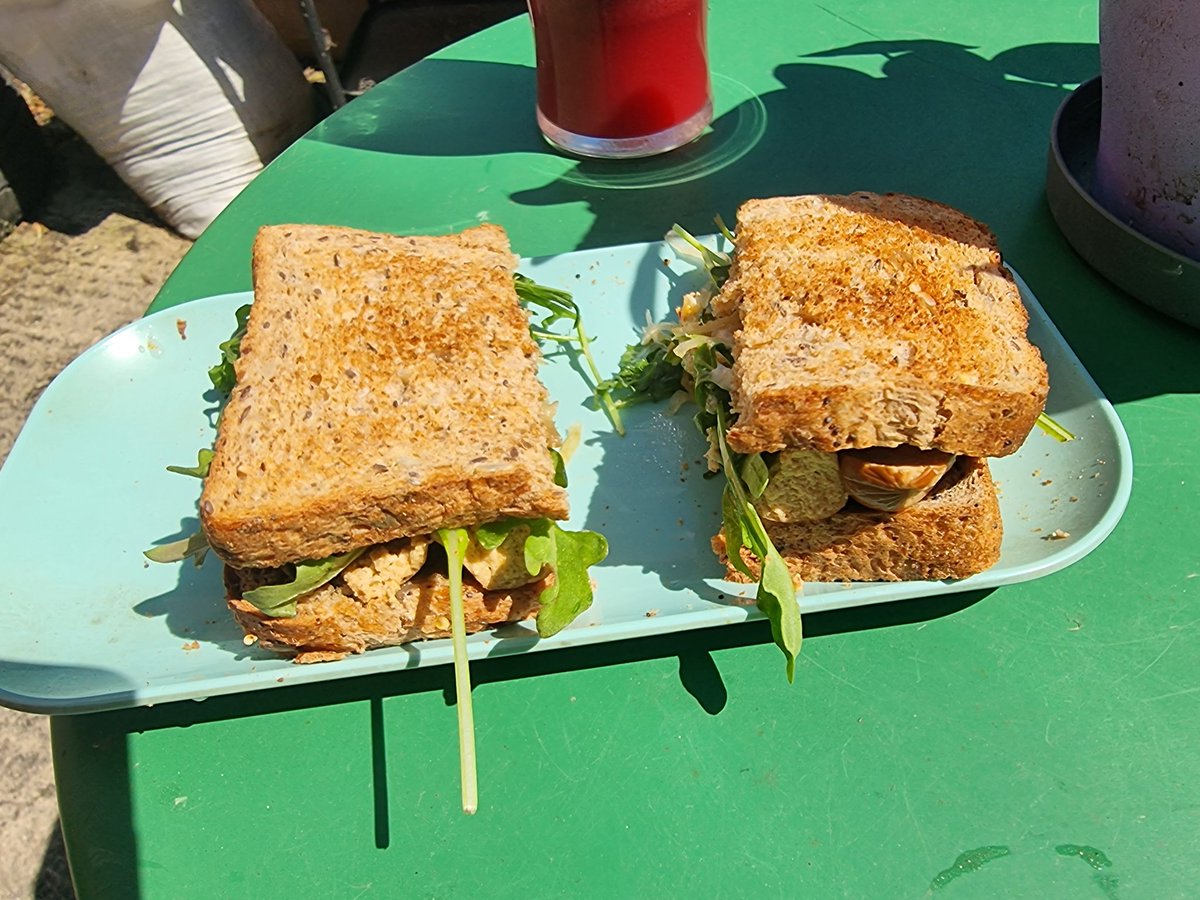 Sunshine & a #lunch with #justonemore veg. Sandwich includes a mix of cherry tomato, rocket & pickled cabbage ( sauerkraut)  spiced with ginger and chilli alongside a #vegan sausage. And a Berry and ginger smoothie made from wonky frozen fruit a la morrisons! #seasonalfoodbingo