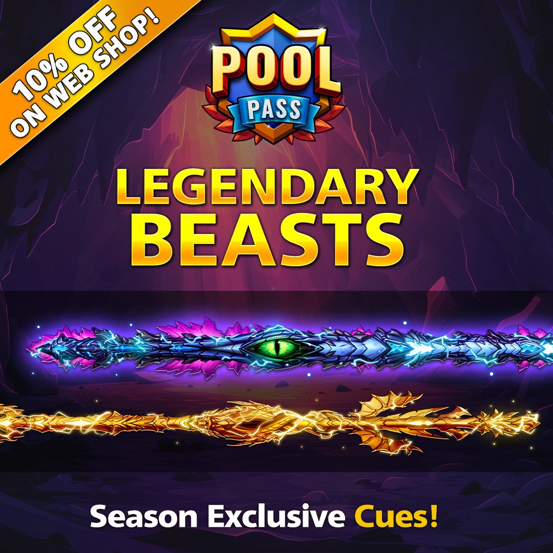 Which #LegendaryBeasts Cue are you unleashing at the tables? 🐲 🔥 Kaiju Cue? ⚡ Lightning Hydra Cue? Get 10% off the #PoolPass on our Web Shop & start unlocking premium rewards TODAY! 🎁 Special Offer » mcgam.es/KEMlm9 #8BallPool