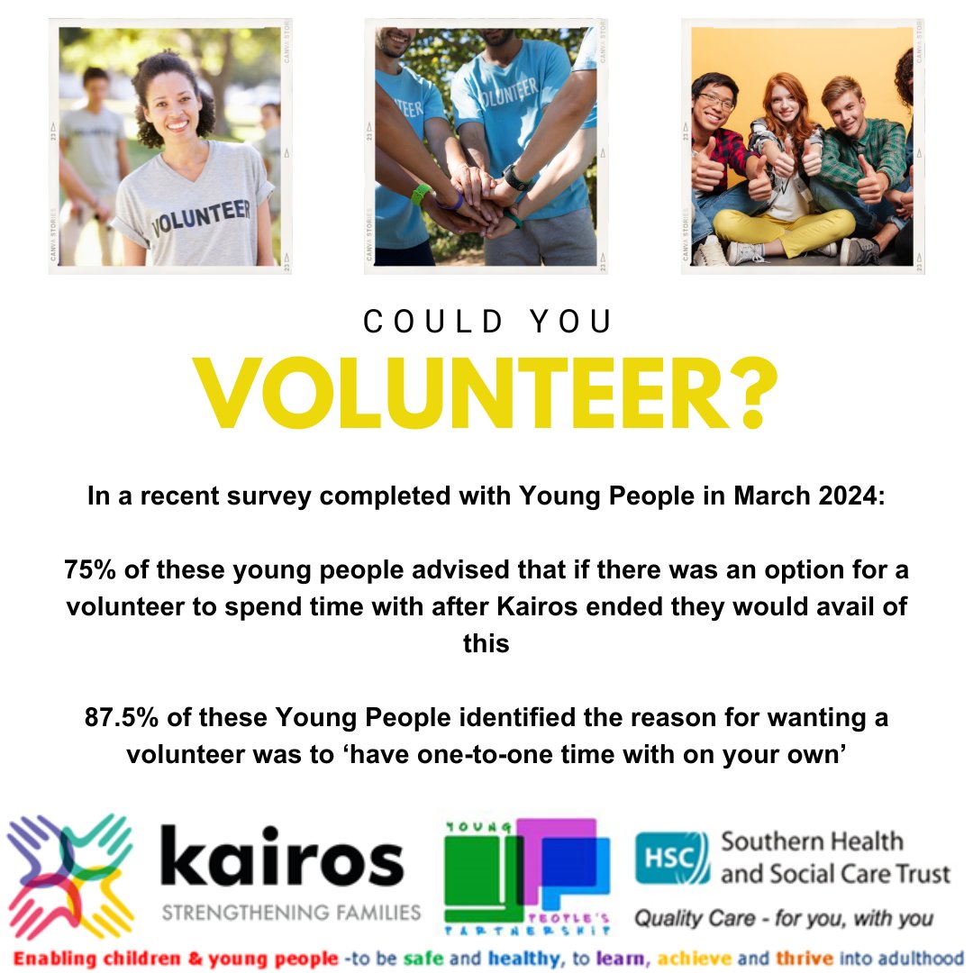 Are you ‘someone who is nice & who listens’? We are currently looking for volunteers for befriending young people within the KAIROS project. If you think you could help, contact Aine Mulholland (028) 375 63950 or via email aine.mulholland@southerntrust.hscni.net #TeamSHSCT