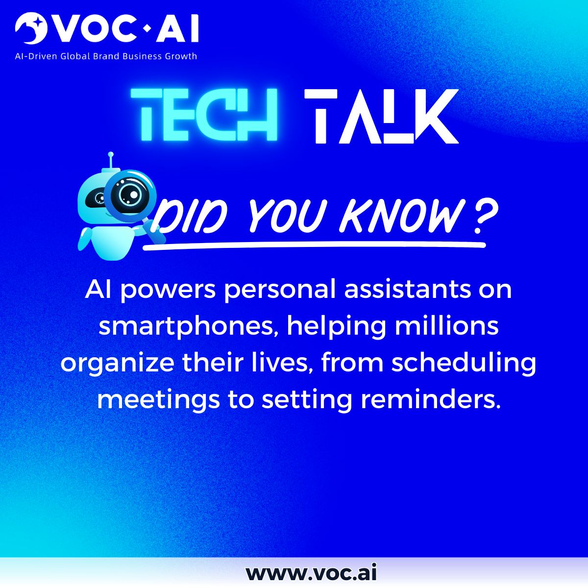 TECH TALK Sunday! 🤖 🔍 Did you know that? 🤔 AI serve as personal assistants 💯 Thanks to AI we have assistant anytime and anywhere ✅ Follow VOC.AI for more TECH TALKS! ✨👉 buff.ly/3UiYH0v #techtalk #sundaytrivia #Vocai #NewFeatures #chatgpt